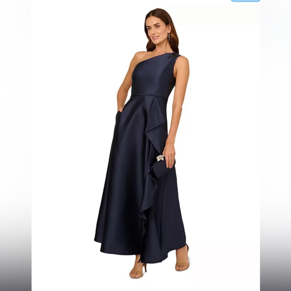 Sleeveless Navy Satin Ruffle A-Line Evening Dress